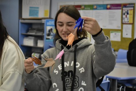 Origami Club co-president senior Remy Garcia-Kakebeen holds up a strand of various colored paper cranes as part of the club’s 1,000 crane challenge during its weekly meeting on Jan. 25 in Room 66.
