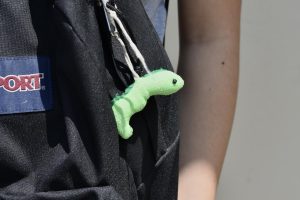 Junior Ashley Hong shows off her Hawaiian-themed Sanrio keychain (left) gifted by her friend and a pink octopus (right) from Amazon on May 17.