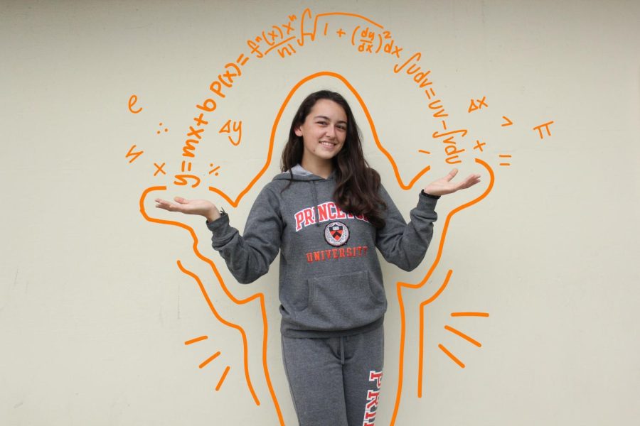 Excited to pursue her mathematical journey, senior Remy Garcia-Kakebeen poses as she displays illustrated math formulas above her head. (Illustrations by DaHee Kim)