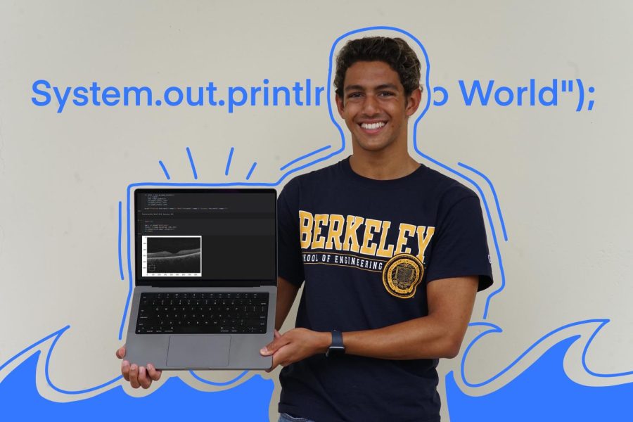 Senior Kaneiya Desai shows a machine learning model he created on his laptop screen that helps classify optical coherence tomography scans. Desai plans on attending the University of California, Berkeley, for bioengineering. (Illustrations by DaHee Kim) 