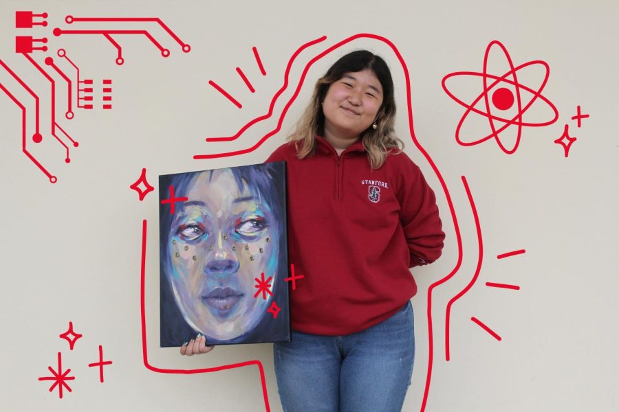Senior DaHee Kim poses with a light-sensor painting she created that bridged her interest in art and engineering. (Illustrations by DaHee Kim)
