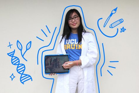 Senior Hao Tam Tran dresses in a medical lab coat as she prepares to major in biology at UCLA and holds up the drawing she made for her Advanced Placement Art portfolio in February. (Illustrations by DaHee Kim)