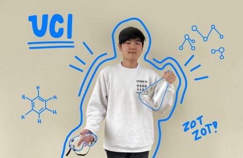 Senior Jaiminh Park holds chemistry goggles and poses with a lab flask after developing a passion for the subject in high school. (Illustrations by DaHee Kim)
