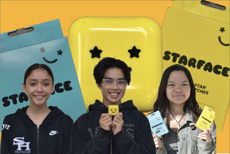 Sophomore Emily Boyer (left), senior Gabriel Villanueva and junior Lara Martinez decorate their faces with Starface patches