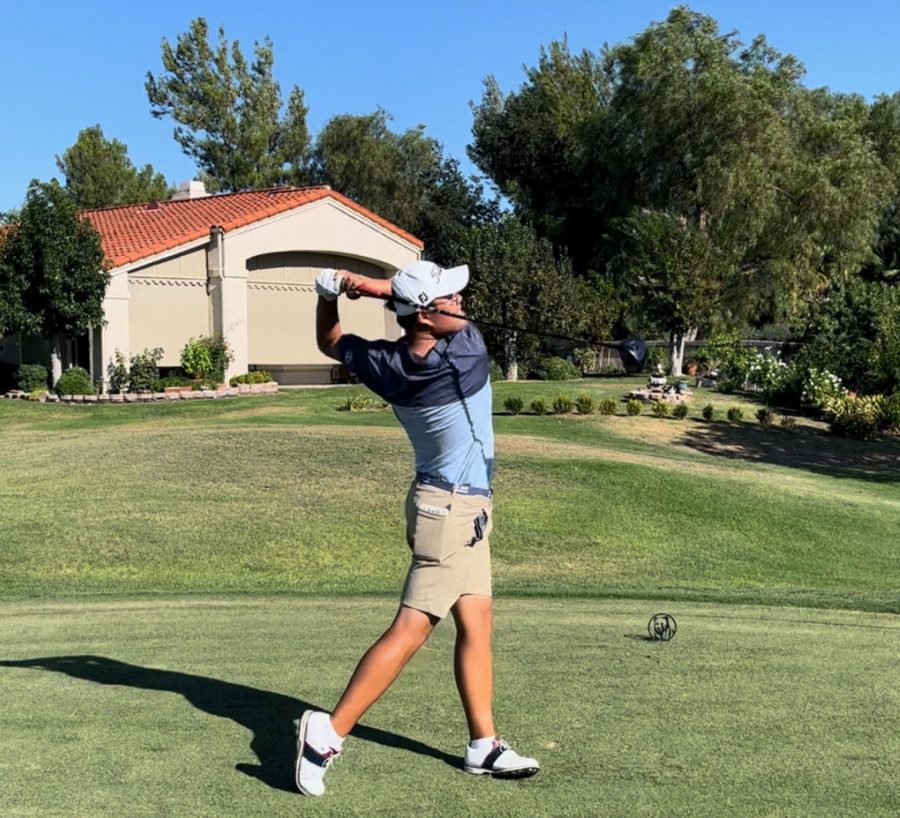 Senior Jeffrey Kwak swings his driver in the Inland Empire Championship Aug. 28, 2022, the third day of his competition. Kwak tied for second place in this tournament with a score of seven under par across the three days he played in.