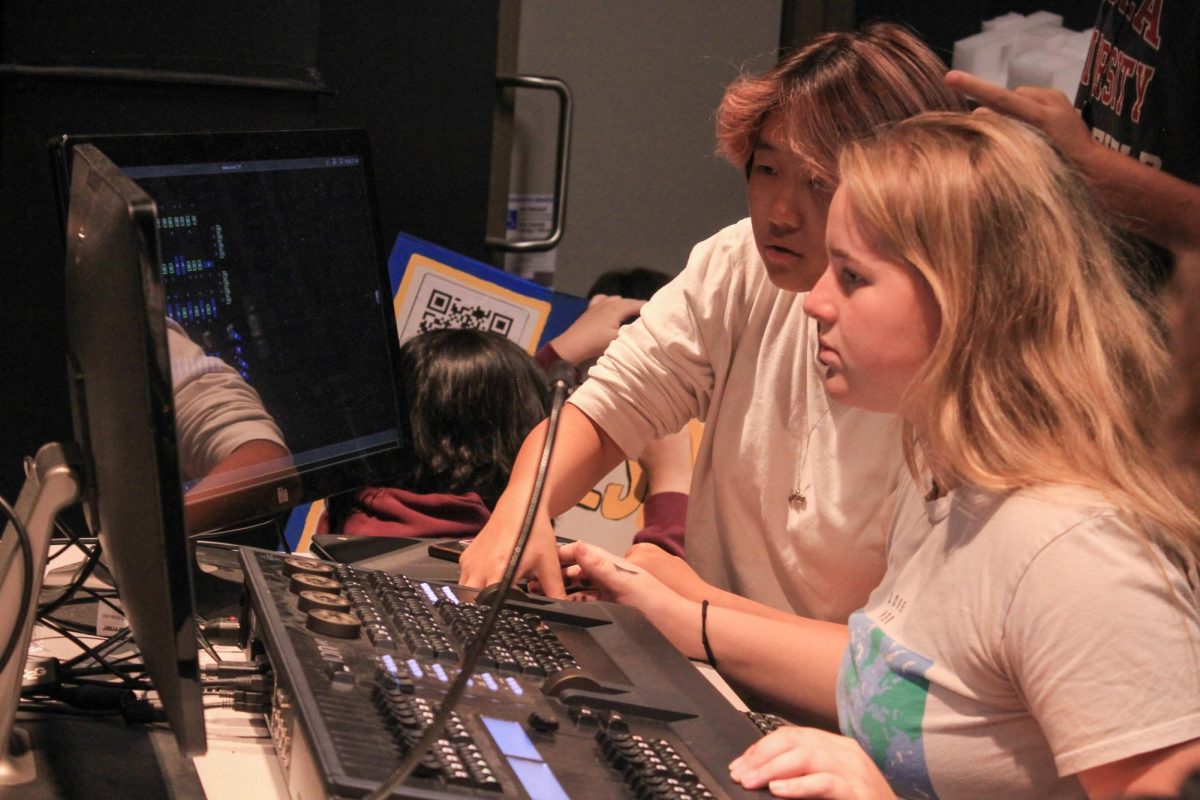 Senior Kayla Beining (right) uses the lighting equipment at the Performing Arts Center during the second period Technical Theater class on Aug. 30. 