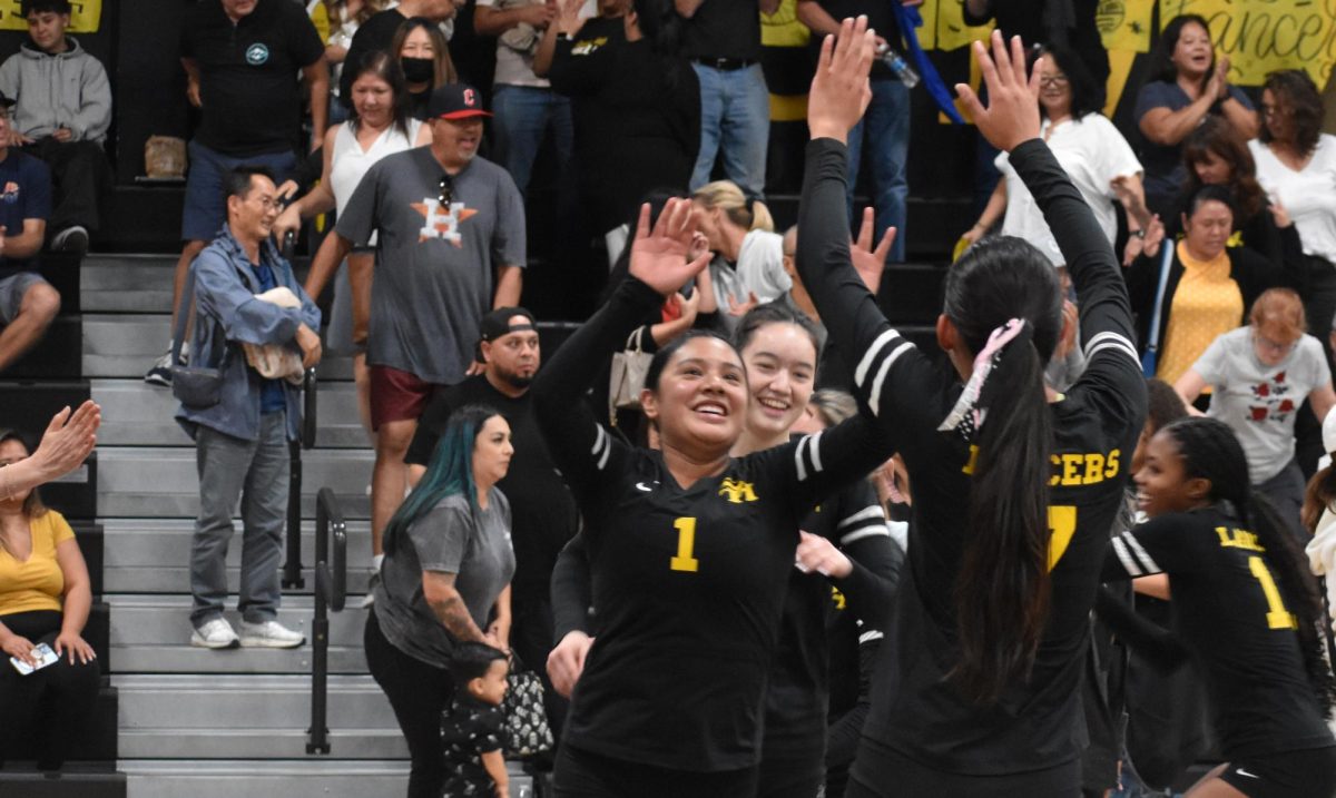 Setter+junior+Dalilah+Rivero+gives+a+high+five+to+outside+hitter+sophomore+Kayla+Thienprasiddhi+after+the+girls+volleyball+team+defeated+Claremont+in+straight+sets+during+the+first+round+of+CIF+playoffs+home+game+on+Thursday%2C+Oct.+19.+