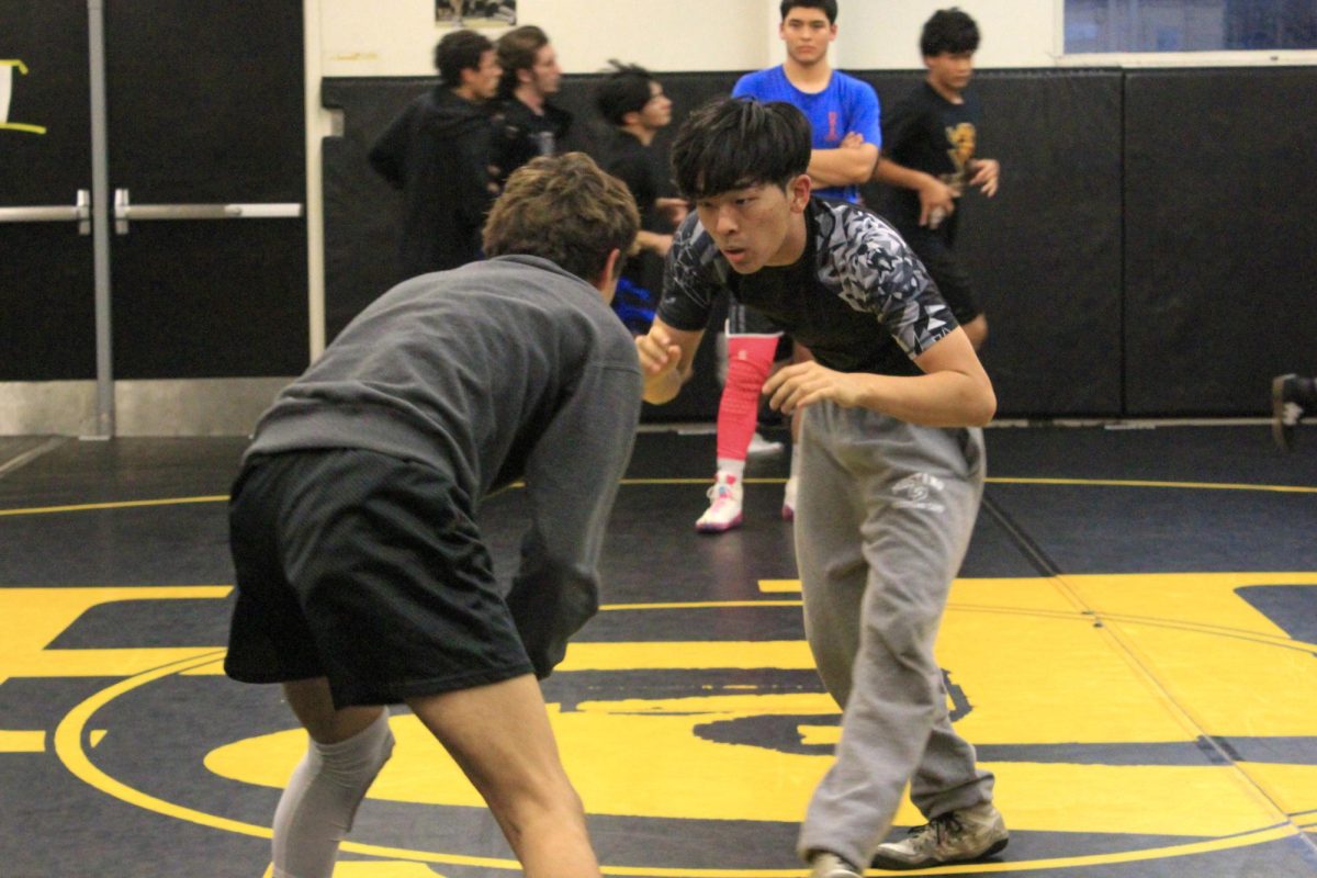 Junior Caleb Kim (right) spars against another player during practice Wednesday, Nov. 15, in the wrestling room. The Lancers defeated the Sonora Raiders Wednesday, Nov. 29, at home in their first Freeway League match of the season.

