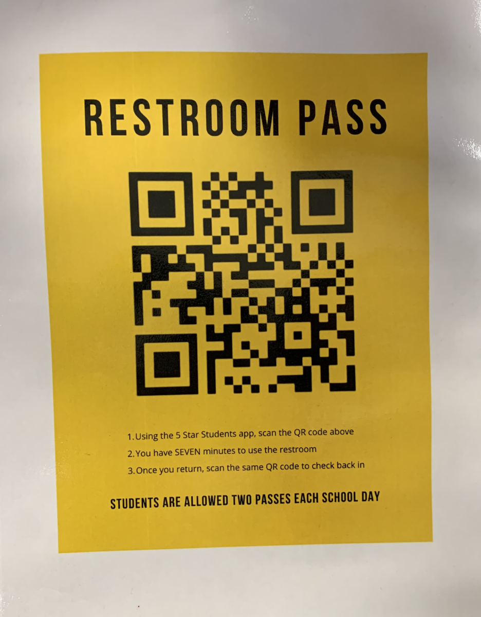 Students can scan the QR code using the 5-Star app to obtain a seven-minute restroom pass, limited to two per day. Upon returning to the classroom, they must rescan the code to check back in.
