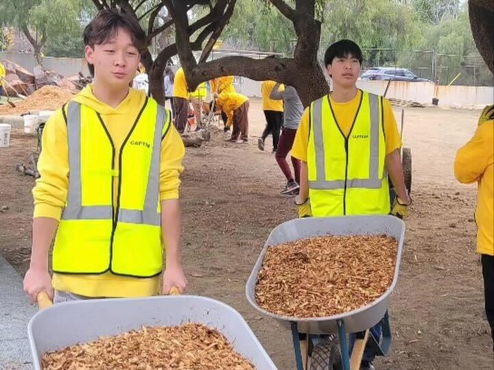 Sophomore Nate Kim (left) and PAVA World vice president sophomore Mikel Cho wheelbarrow wood chips to a designated area where a playground is being built at San Rafael Elementary School on Saturday, Jan. 20.