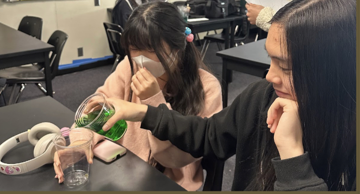 Juniors Jisue Kwon (left) and Reyna Luong partake in a lab activity hosted by the Health Sciences Club in Room 105 on Monday, Dec. 11.