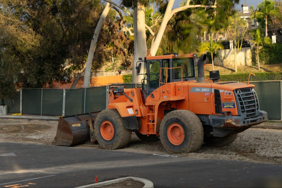 An orange bulldozer is parked at the construction site on Wednesday, Jan. 10, during after-school hours for the construction of the new ag building.