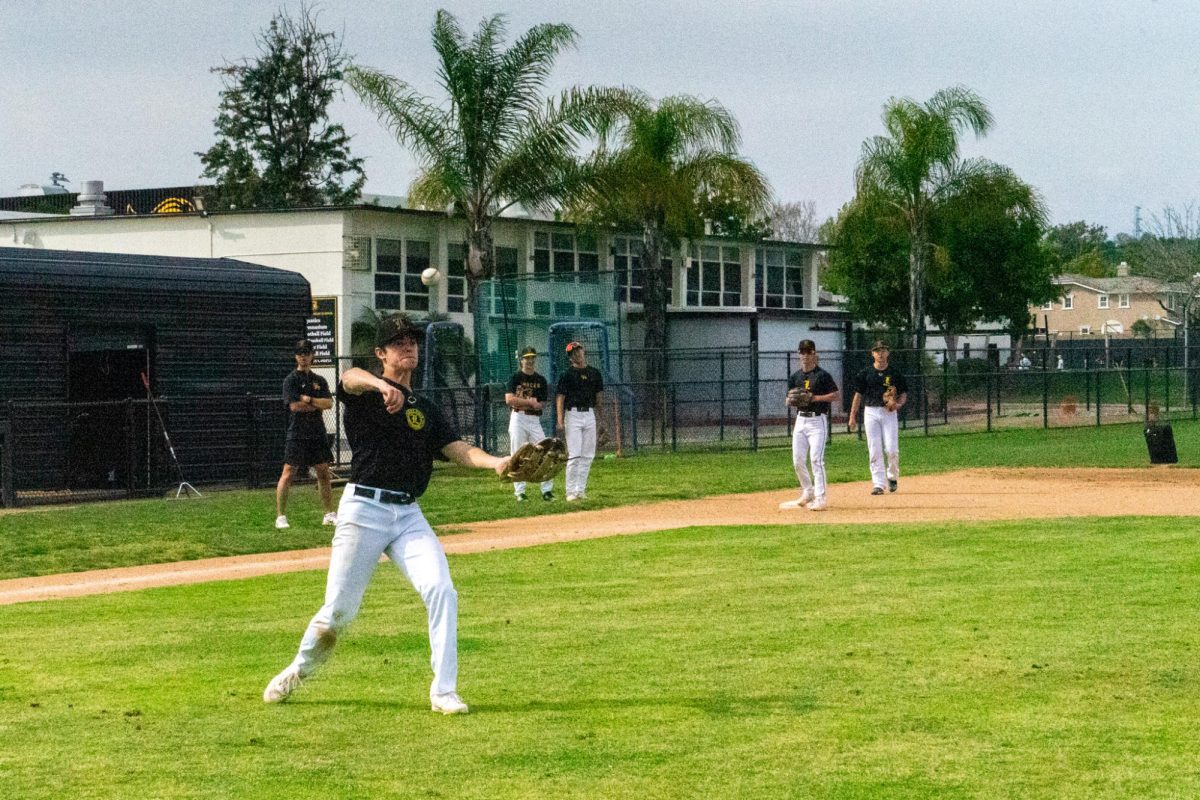 Pitcher and outfielder senior Rylan Morris pitch the ball during the team’s practice after school on Monday, March 25, after school at the Sunny Hills baseball field. 
