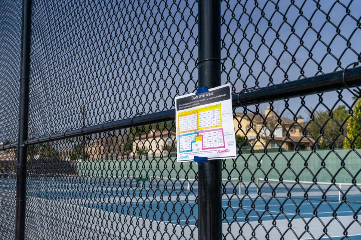 A color-coded map is taped onto the tennis court fence in case students dont know where to go to gather by grade level during the second half of the Thursday, Feb. 15 evacuation drill. 