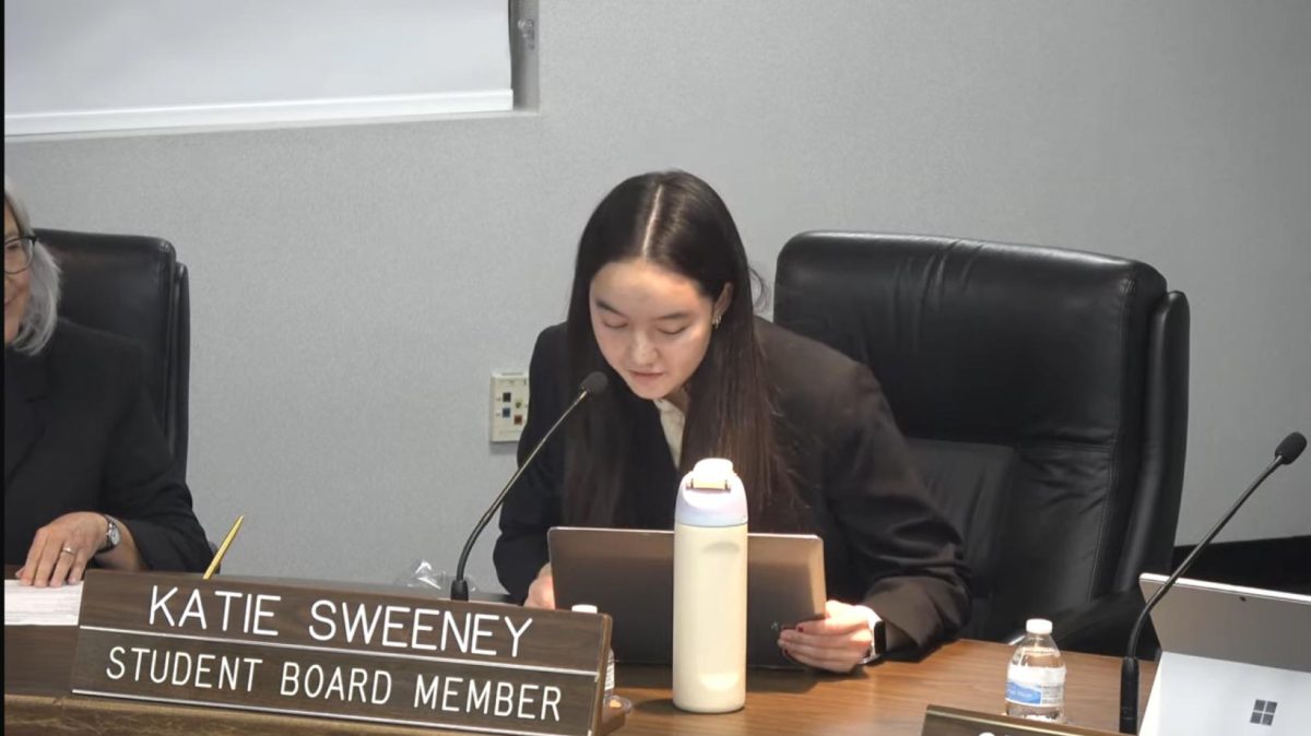 Student board representative senior Kathleen Sweeney shares updates about each campus at the Feb. 6 Fullerton Joint Union High School District board meeting.