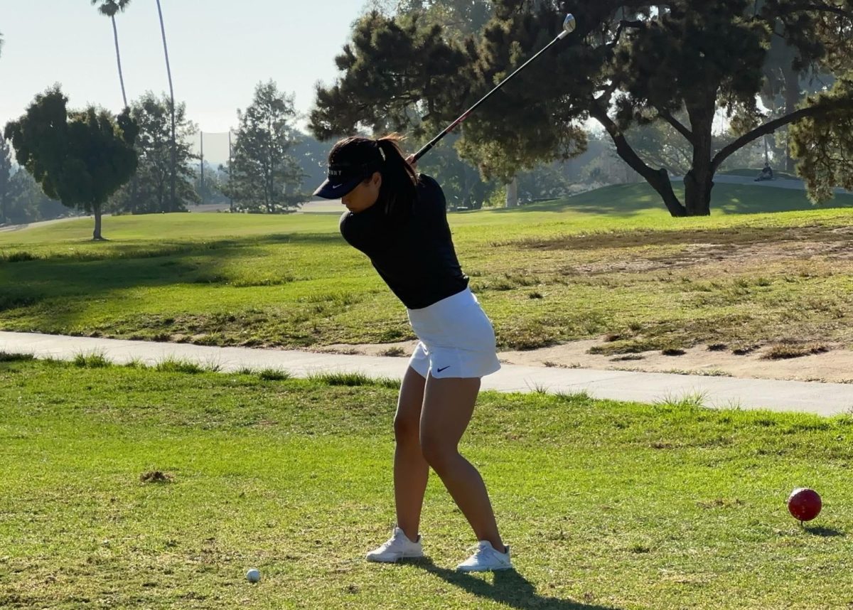 Senior Chara Yoon tees off on the fifth hole at La Mirada golf course against California High School Monday, Aug. 29. The Lady Lancers defeated the Condors 258-213.