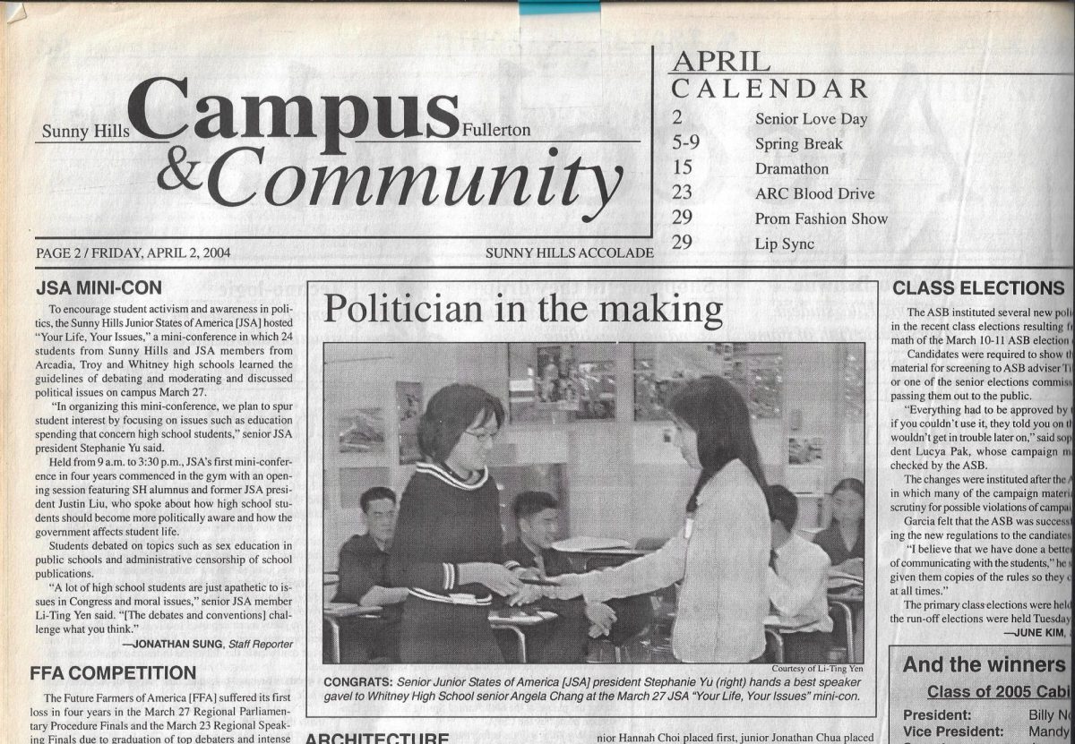 An excerpt of a news article by Jonathan Sung about a mini-convention with the Sunny Hills, Arcadia, Troy and Whitney high school JSA chapters at Sunny Hills from the April 2, 2004, issue of The Accolade.