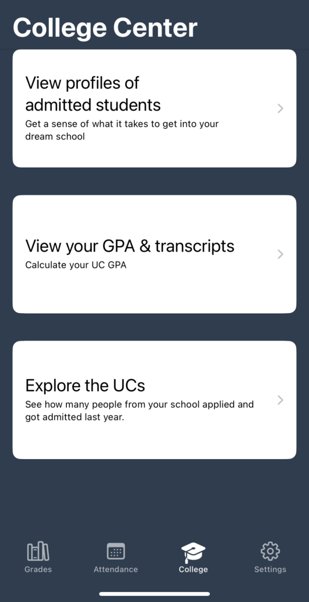 College Center tab in Gradekit shows admitted student profiles, GPA and the information on the University of California system. (Screenshot of Gradekit app)