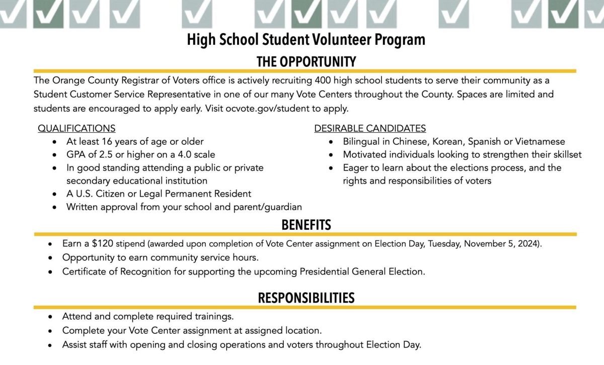 An excerpt of the Google Doc that social science teacher Hera Kwon posted Thursday, Sept. 19, in her Google Classroom for students in her four American Government classes. Capped at 400 volunteers, eligible students gets excused on Election Day to help out at an Orange County voting center and receive a $120 stipend afterward.