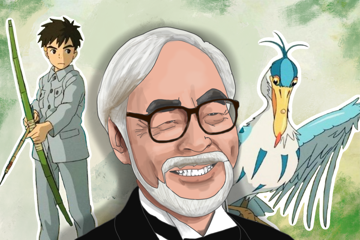 An artist’s rendering of Japanese anime icon Hayao Miyazaki (center) and some of the key images from the documentary with a title similar to his last work, “The Boy and the Heron,” depicts Miyazaki’s ongoing creative process that has characterized much of his filmmaking.