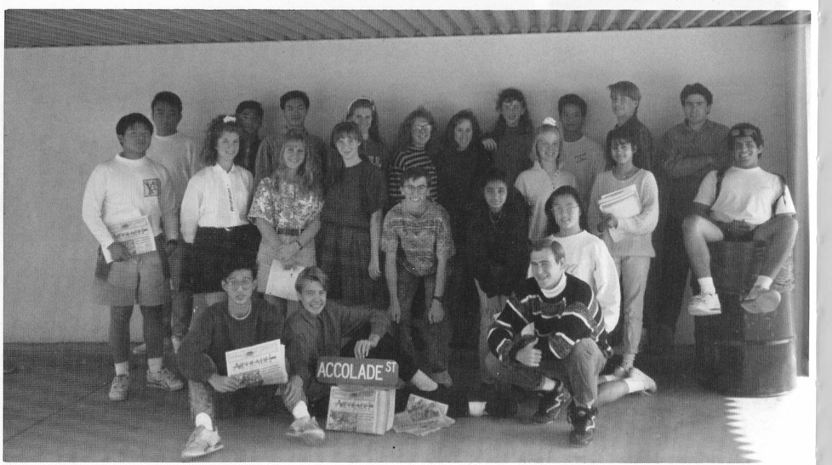 Then-sophomore Nate Barksdale (front row, second from left) holds the “ACCOLADE ST” sign in the newspaper staff photo that appears in the 1991-1992 yearbook. Unbeknownst to Barksdale, he would eventually ignite an Accolade staff yearbook photo tradition that would last nearly a decade.