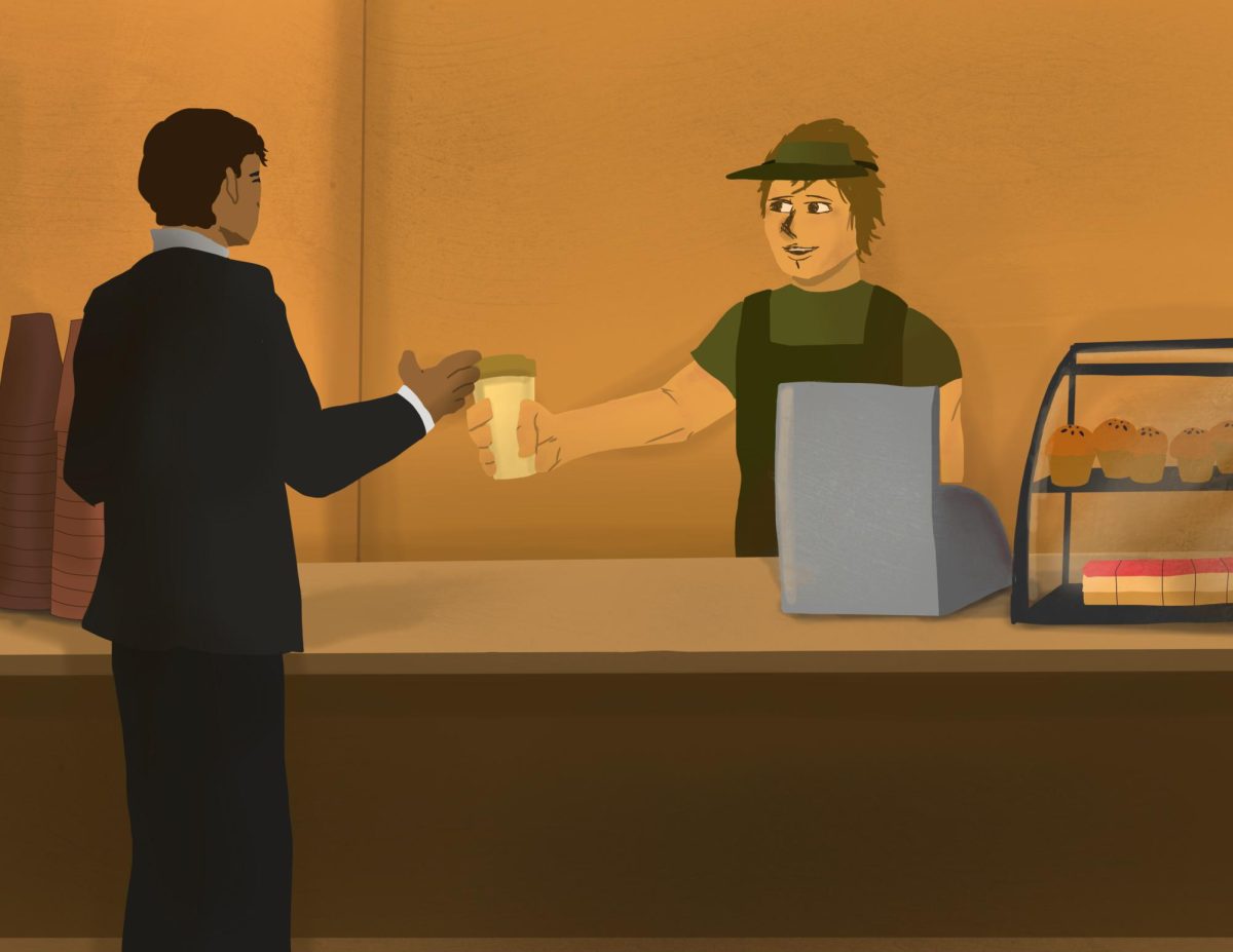 A student working at a cafe for $16.50 an hour hands customer a drink.