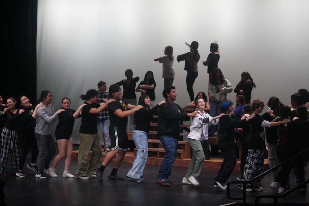 The cast members of “Joseph and the Amazing Technicolor Dreamcoat” form a conga line in the front of the stage when the song “Benjamin Calypso” comes on at the Performing Arts Center on Wednesday, Feb. 12.