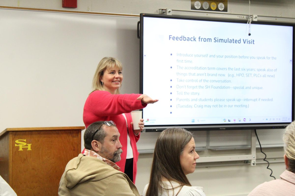 English teacher Suzanne Boxdorfer delivers a Google Slides presentation in Room 33 on Wednesday, March 5, regarding the Western Association of Schools and Colleges [WASC]. The WASC visiting committee will inspect the campus from Monday-Wednesday, March 10-12.