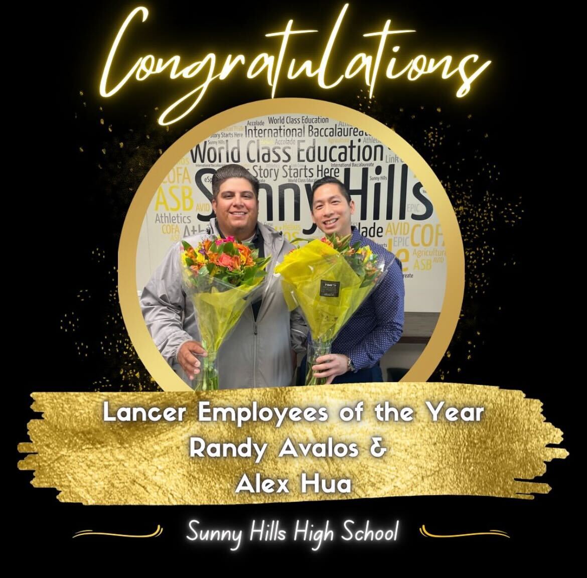 Campus supervisor liaison Randy Avalos (left) and science teacher Alexander Hua hold a bouquet of flowers in recognition of their Employee of the Year award. This school year’s honorees were announced in the staff lounge on Friday, Jan. 24, during break.