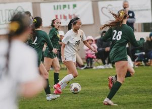 Senior Lauren Won attempts to score a goal against Sonora High School to break a tie in the first half of their last league game on Tuesday, Jan. 14. 
