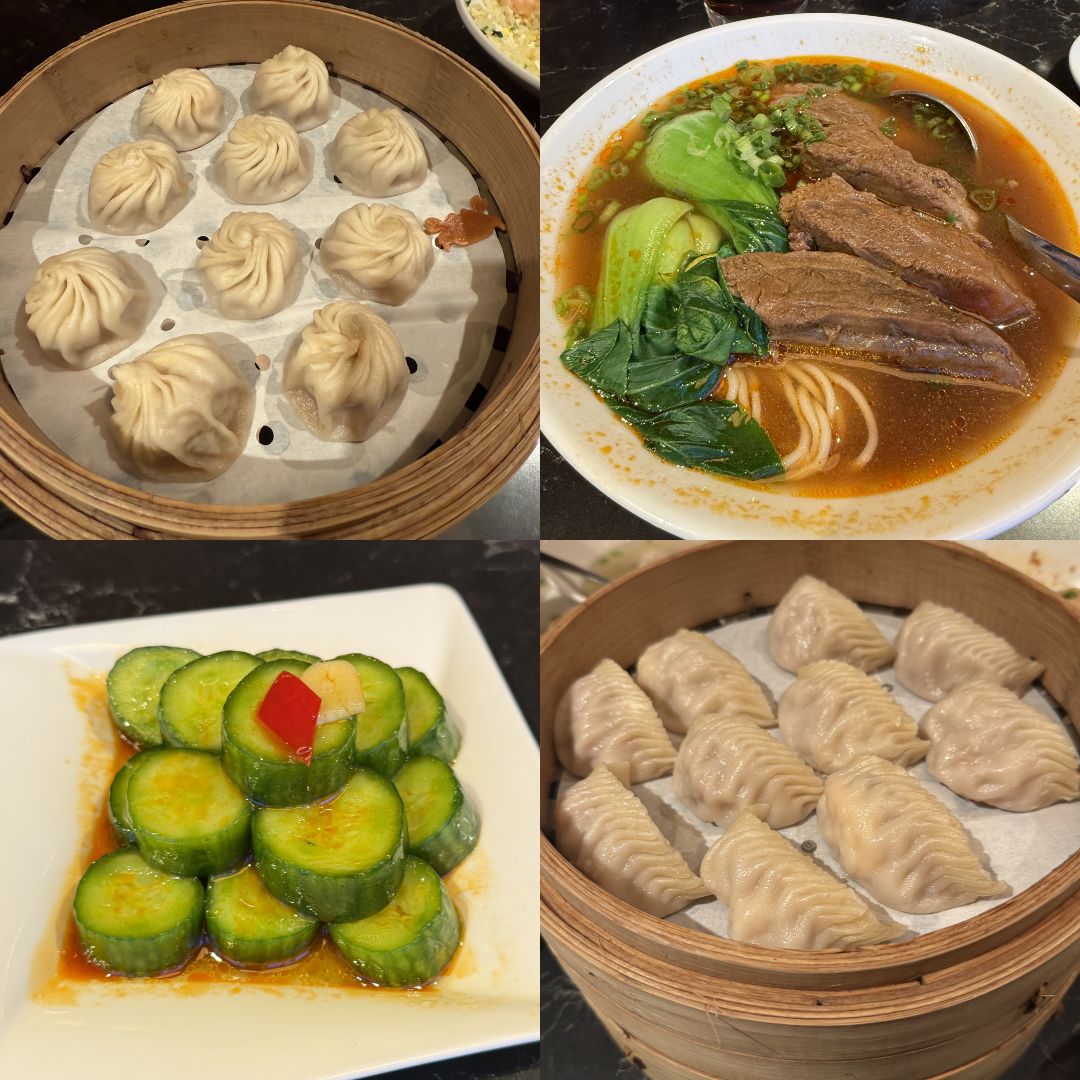Din Tai Fung in Downtown Disneyland, 1547 Disneyland Drive, Anaheim, offers crab and kurobuta pork xiao long bao (top left), braised beef noodle soop (top right), cucumber salad (bottom left) and shrimp and kurobuta pork dumplings (bottom right).