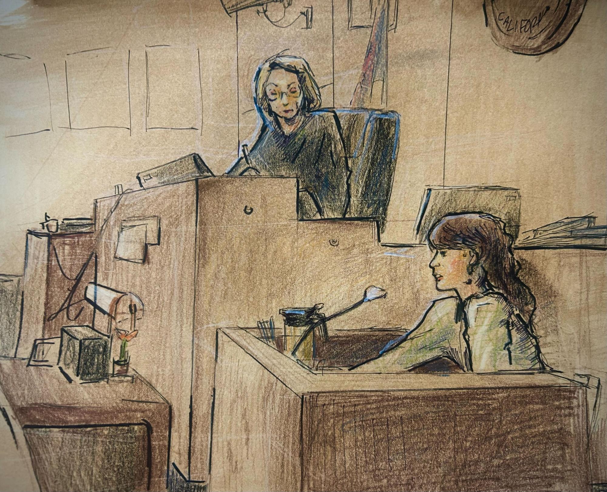 An artist’s rendering of freshman Breanna Pineda as a Mock Trial witness testifying while the judge listened. Sophomore Joanna Joo was there for the courtroom drawing competition that she heard about from Chablis Bates, a 3D design and drawing and painting teacher.