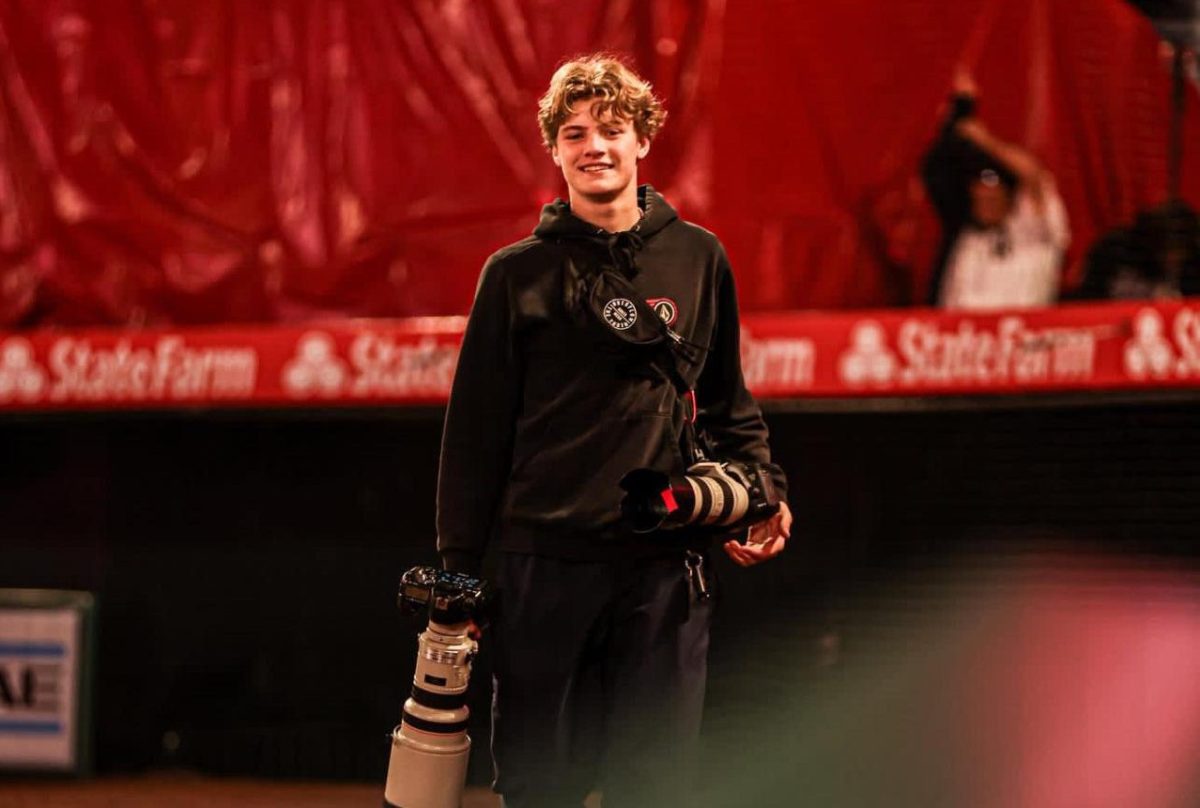 Senior Luke Lawrence walks around Angel Stadium in Anaheim during the March 29, 2024, Fullerton vs. Troy baseball game.