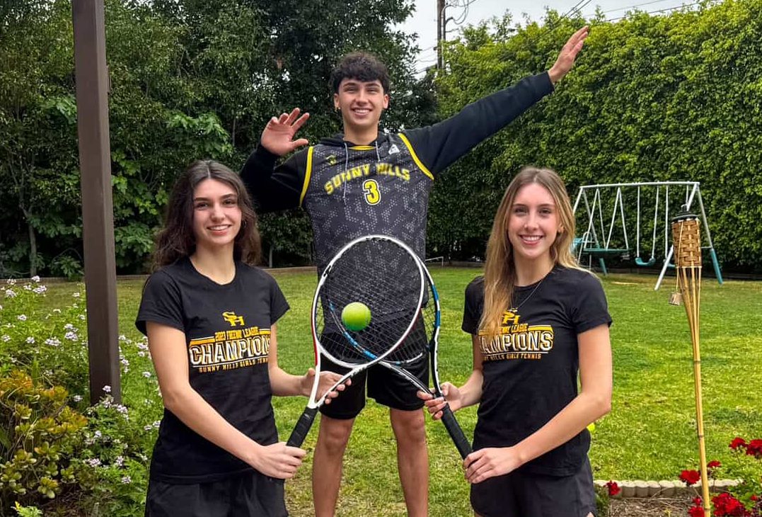 Sisters and doubles tennis partners seniors Hannah Saab (left) and Karina Saab hold their rackets while brother senior Lucas Saab prepares for a volleyball spike.