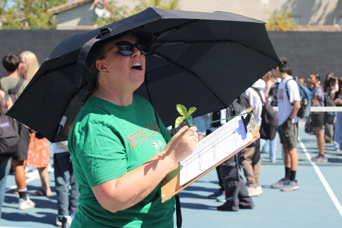 Advanced Placement Statistics teacher Kari Morita shouts names on her roster as she calls roll during the first fire drill of the year held after the second period on Wednesday, Aug. 20, at the tennis and basketball courts. 