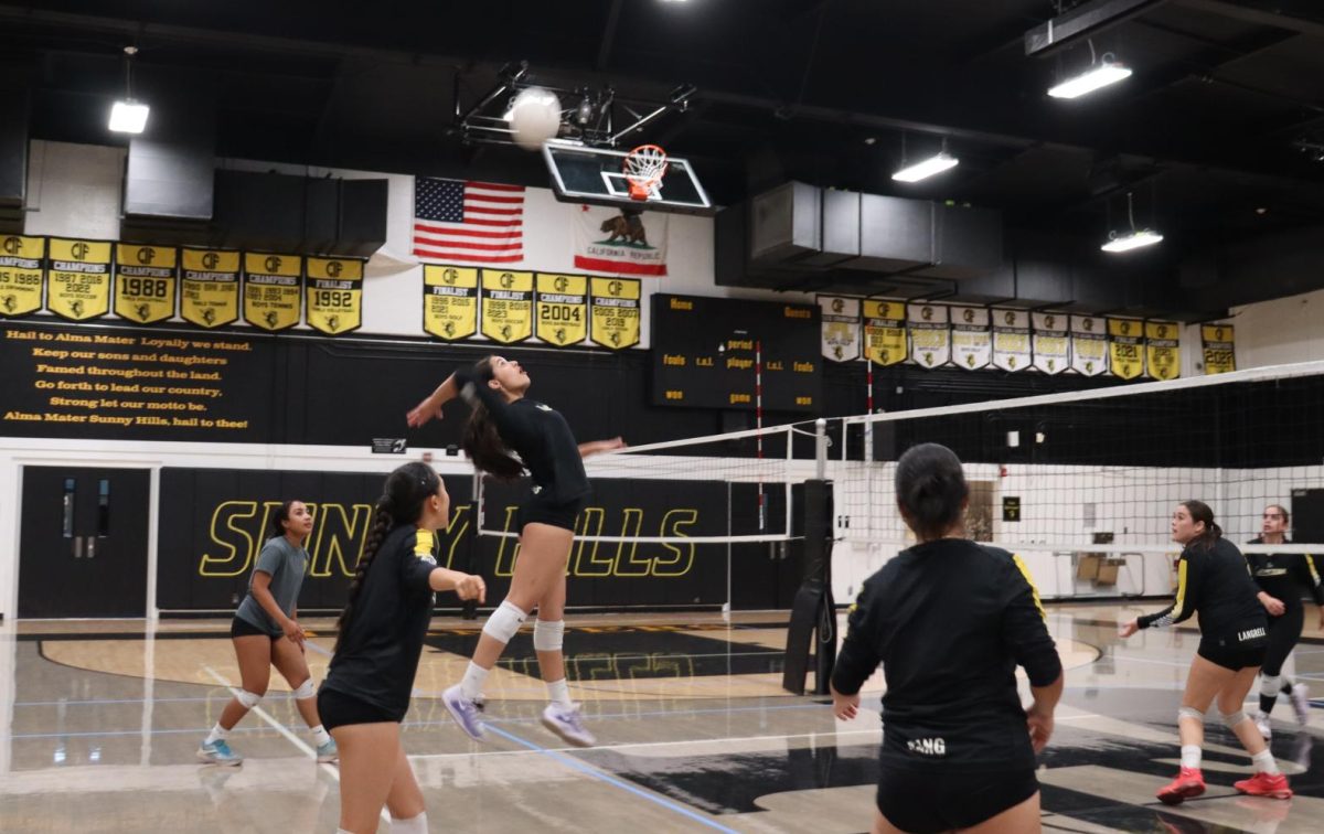 Outside hitter junior Olivia Urias hits a back row attack during the girls volleyball team’s after-school practice on Friday, August 29, in the Sunny Hills gym.