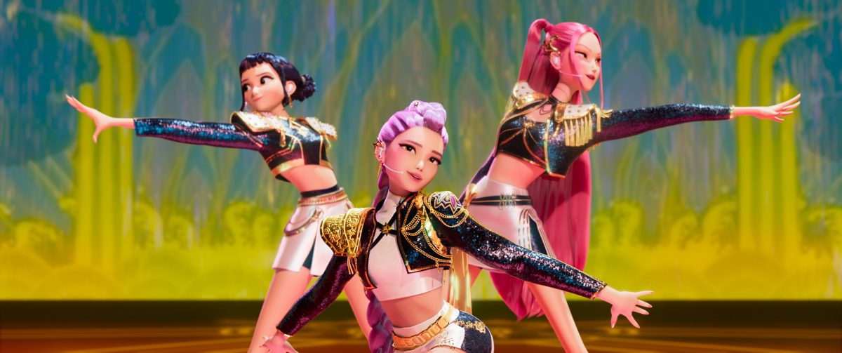  HUNTR/X members Zoey (left), Rumi and Mira perform at the International Idol Awards, bringing dynamic choreography that lights up the stage.