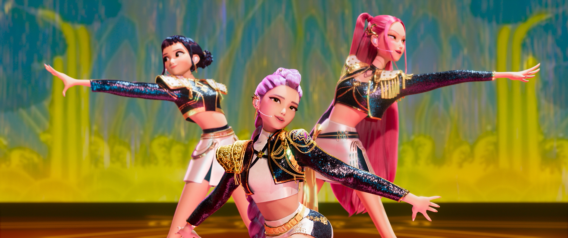 HUNTR/X members Zoey (left), Rumi and Mira perform at the International Idol Awards, bringing dynamic choreography that lights up the stage.