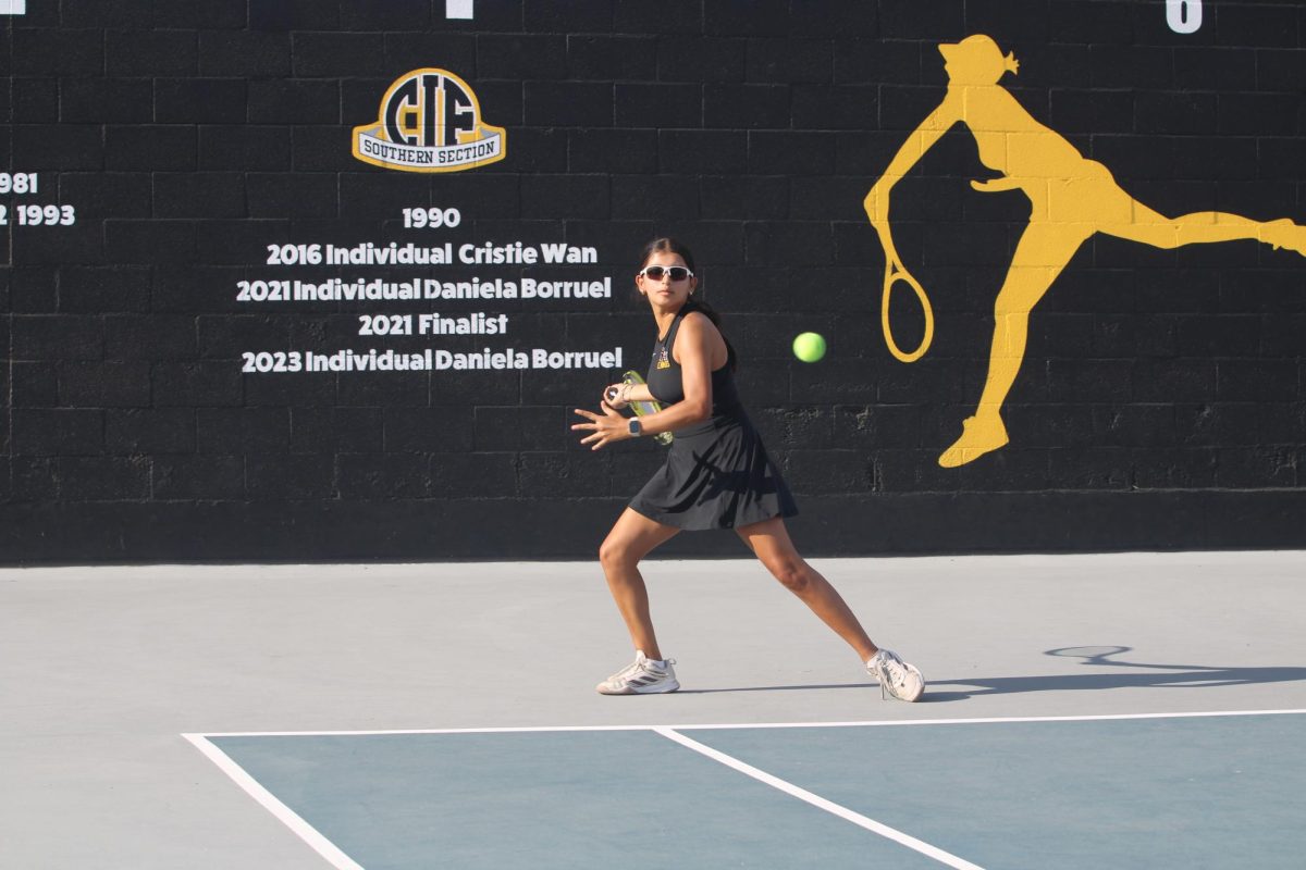 Sophomore Vannia Pacheco prepares to hit the ball during a home match against Oxford Academy held after school on Thursday, Aug. 28, on the tennis courts. The final score was 14-4.