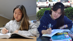 Seniors Nicole Park (left) and Irene Park argue about whether Advanced Placement or International Baccalaureate is the better option in terms of high school academic pathways. 