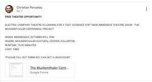 A Google Classroom announcement made by theater teacher Christian Penuelas informs students about the opportunity to check out an immersive show as a test audience, posted on Tuesday, Oct. 7.