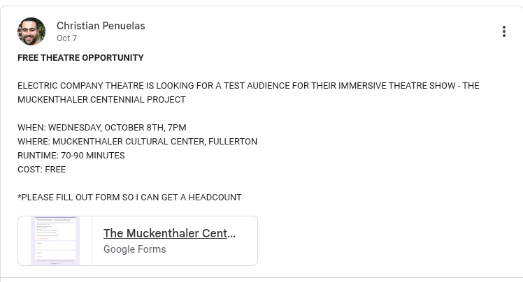 A Google Classroom announcement made by theater teacher Christian Penuelas informs students about the opportunity to check out an immersive show as a test audience, posted on Tuesday, Oct. 7.