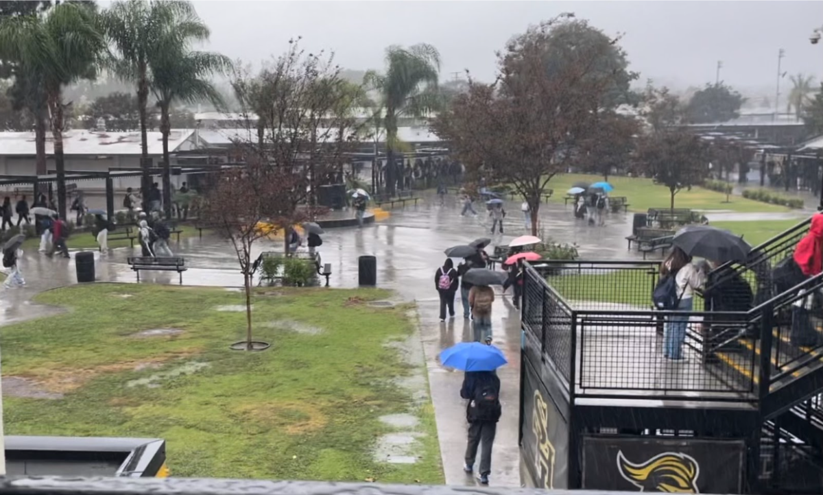 Students walk around the quad with umbrellas during the first rainy day in the 2025-2026 school year on Tuesday, Oct. 14, during break.
