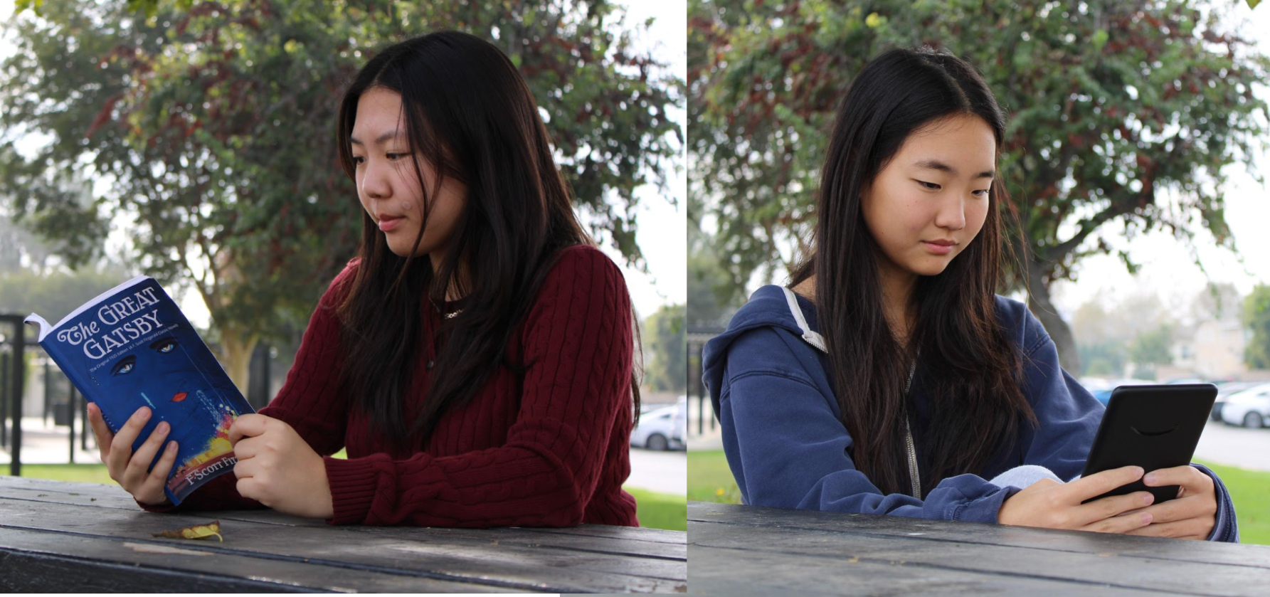 Senior Soojin Cho (left) and junior Ashley Kang debate the benefits of eReaders vs. traditional print books.