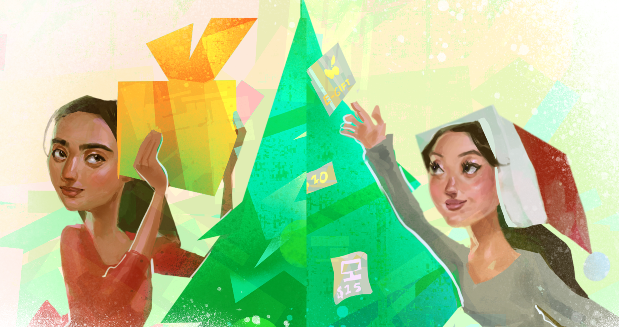 Seniors Aashna Dialani (left) and Emily Kim debate the benefits of real gifts vs. e-gifts.
