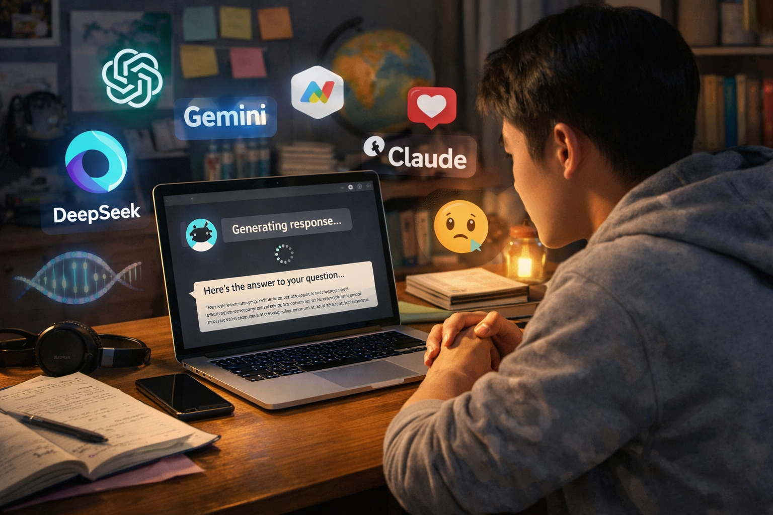 A student waits as an artificial intelligence [AI] chatbot generates a response. This captures the growing allure of AI as a source of quick answers, emotional support and creative tools.