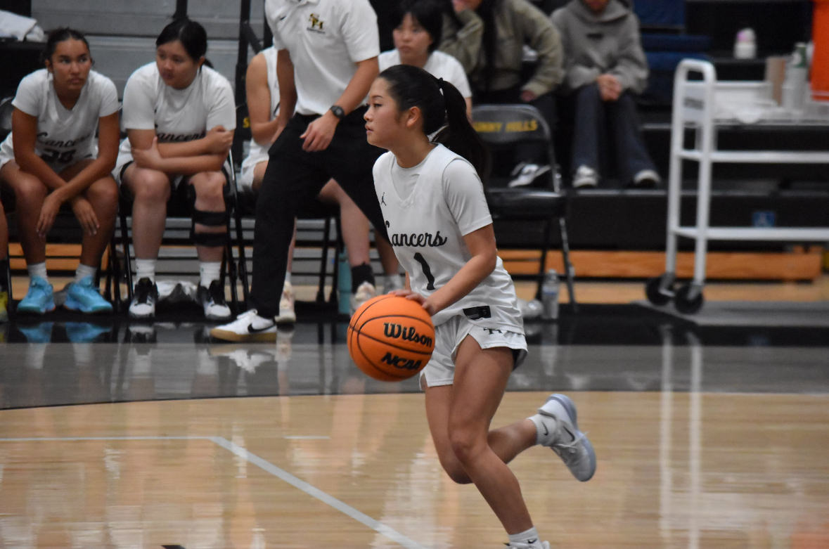Point guard senior Sydney Kim dribbles the ball to the basket on Thursday, Feb. 12, at the Sunny Hills gym.